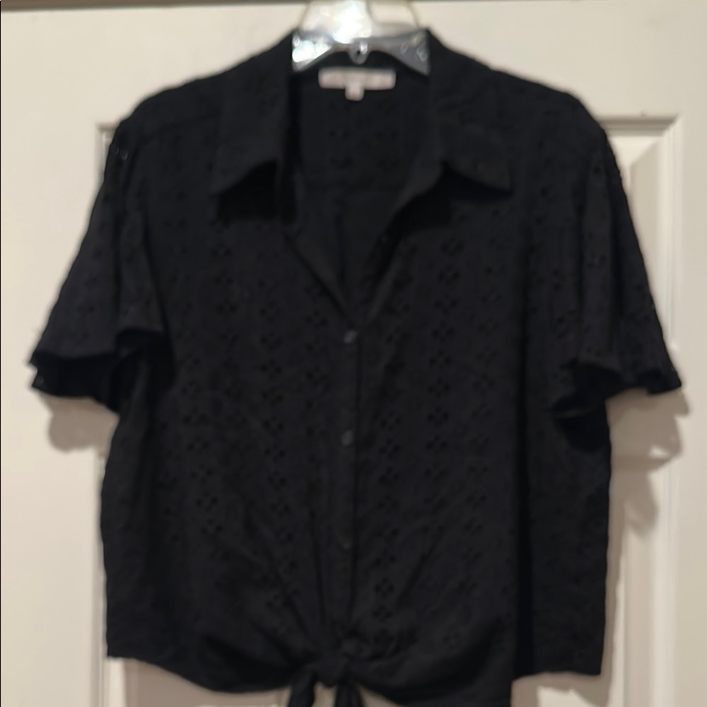 Preston & York Black Eyelet Tie-Front Top